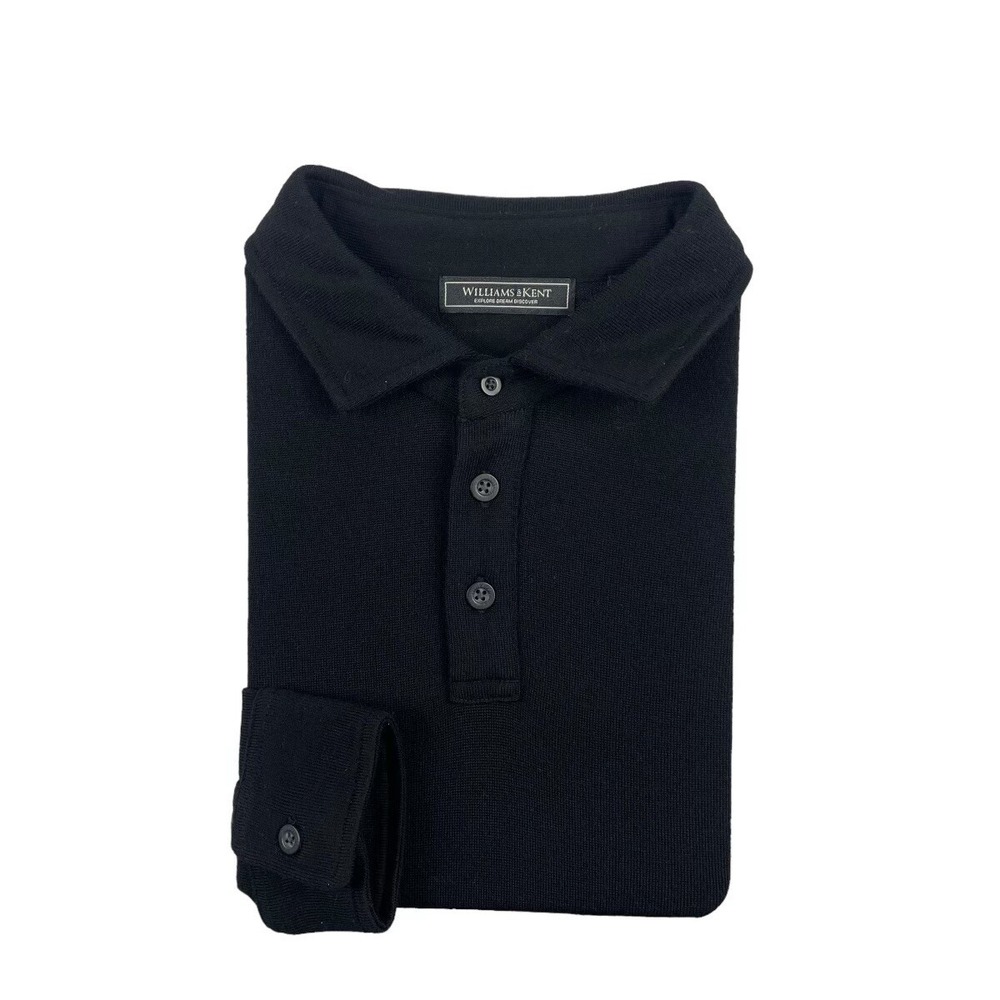 Williams & Kent Mens Black Pure Merino Wool Long Sleeve Polo Sweater Size Large